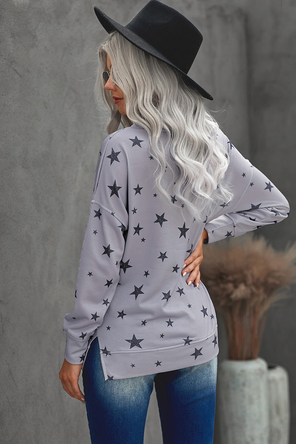 Women's Top Featuring Star Print Everyday Long-Sleeve Women's Gray Round Neck