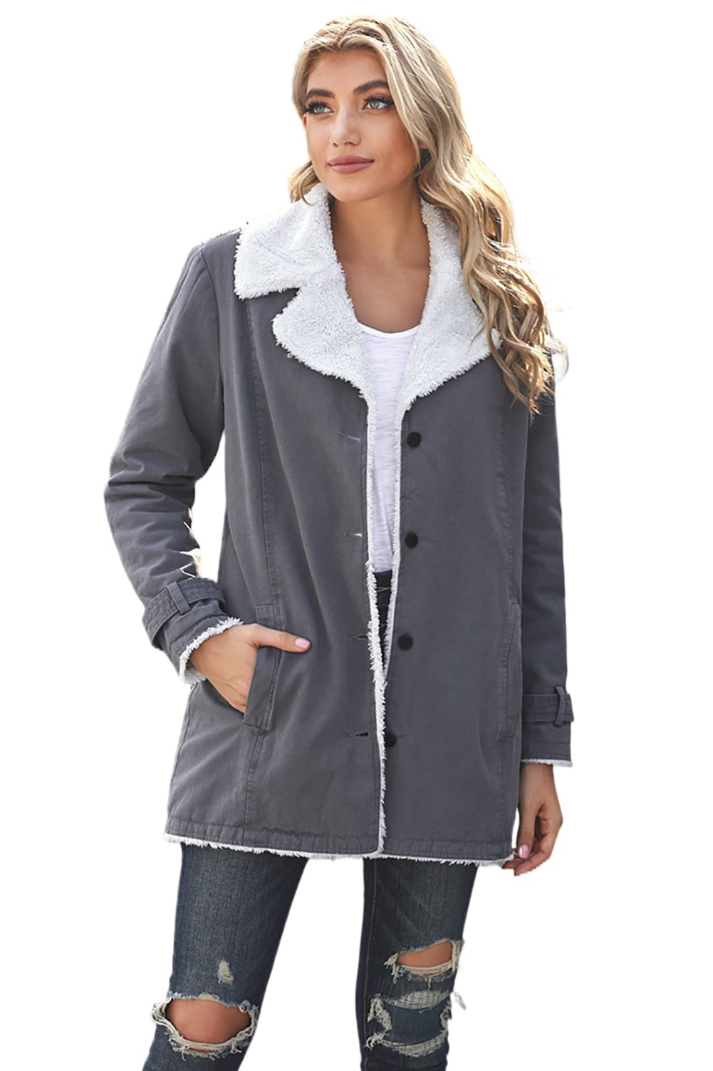 Women's Women's Gray Lapel Collar Button Fleece Jacket