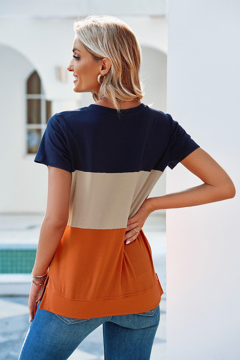 Women's T-shirt with Short-Sleeve Everyday Women's Orange Contrast Color-Block