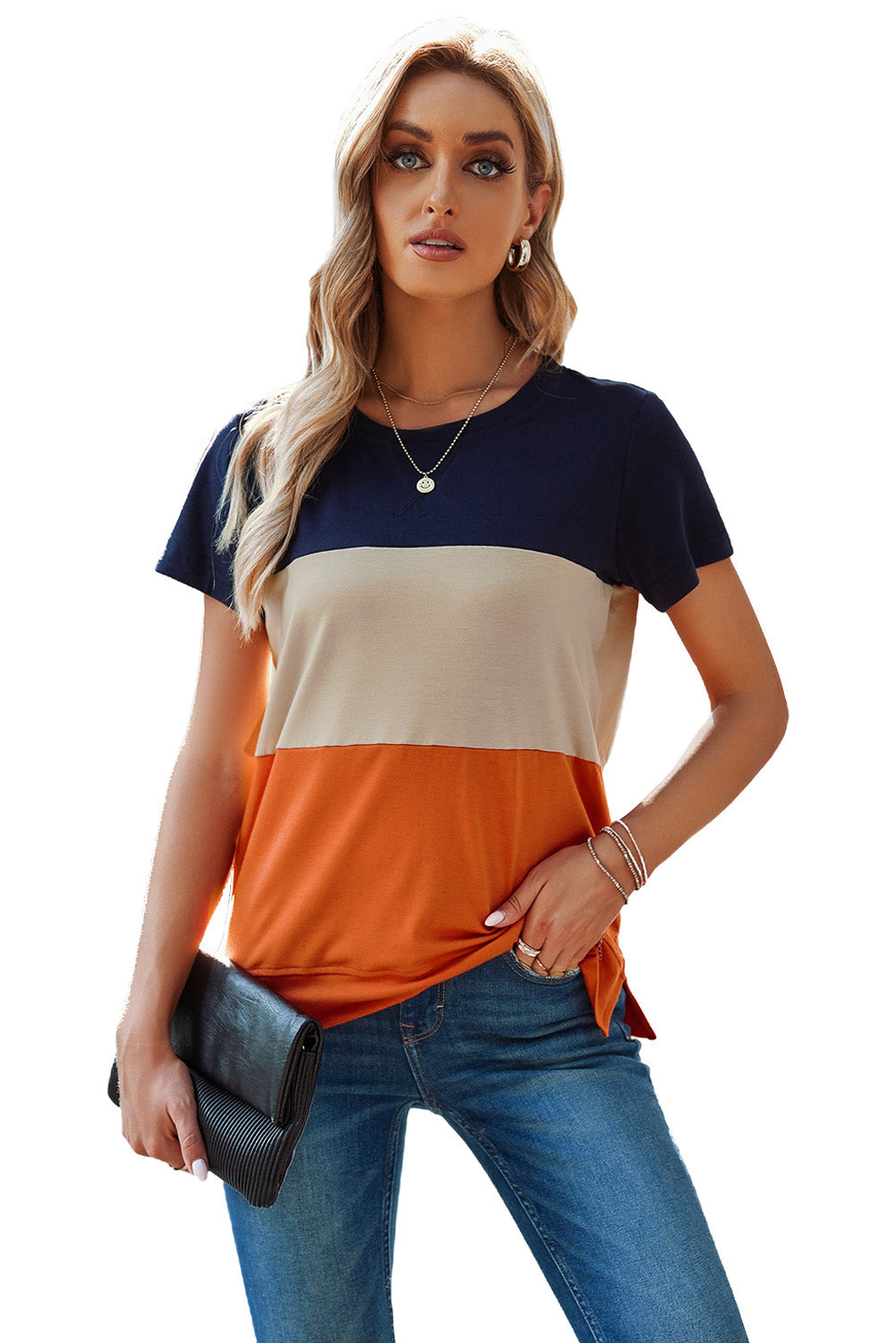 Women's T-shirt with Short-Sleeve Everyday Women's Orange Contrast Color-Block