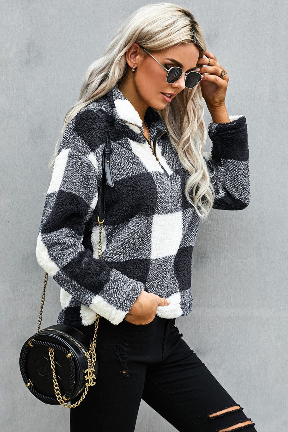Pullover Sweatshirt for Women Zip Collar Plush Women's Winter Black Plaid