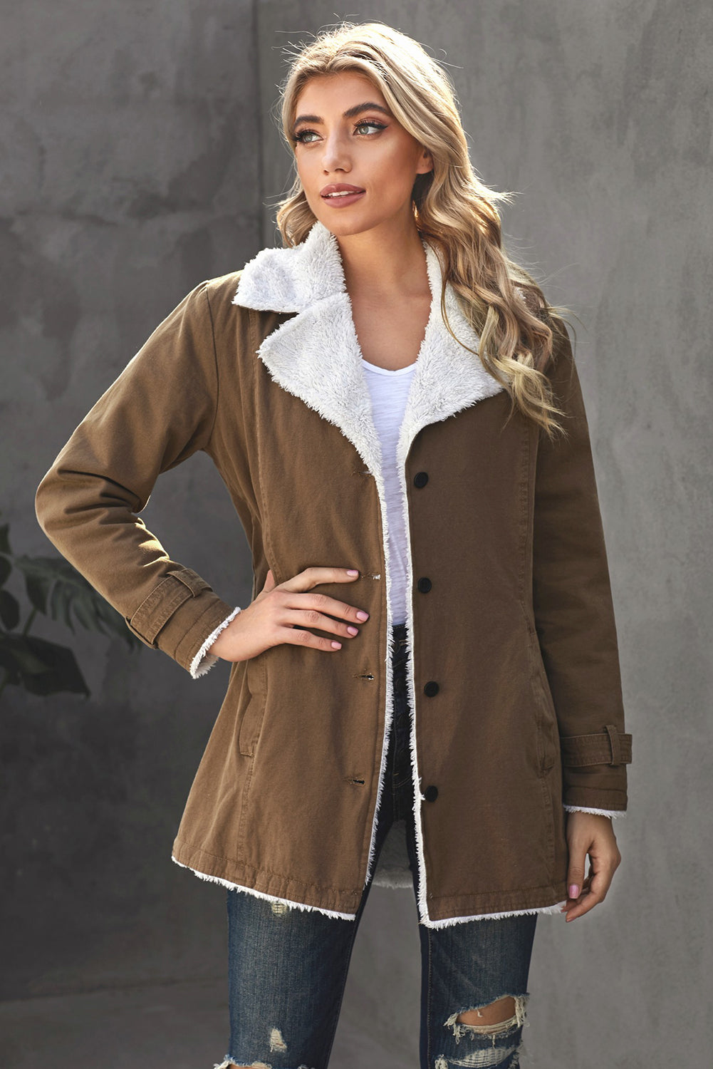 Women's Jacket with Women's Winter Khaki Lapel Collar Button Fleece