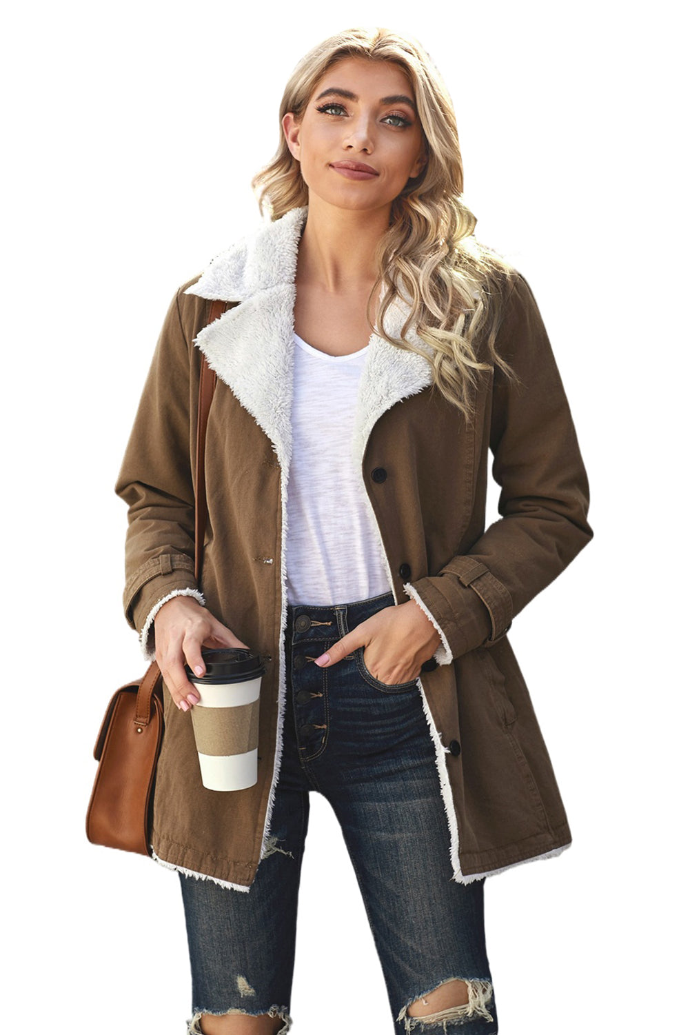Women's Jacket with Women's Winter Khaki Lapel Collar Button Fleece