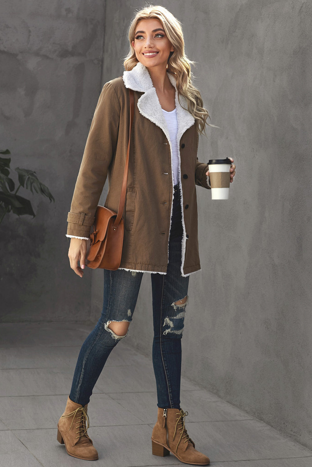 Women's Jacket with Women's Winter Khaki Lapel Collar Button Fleece