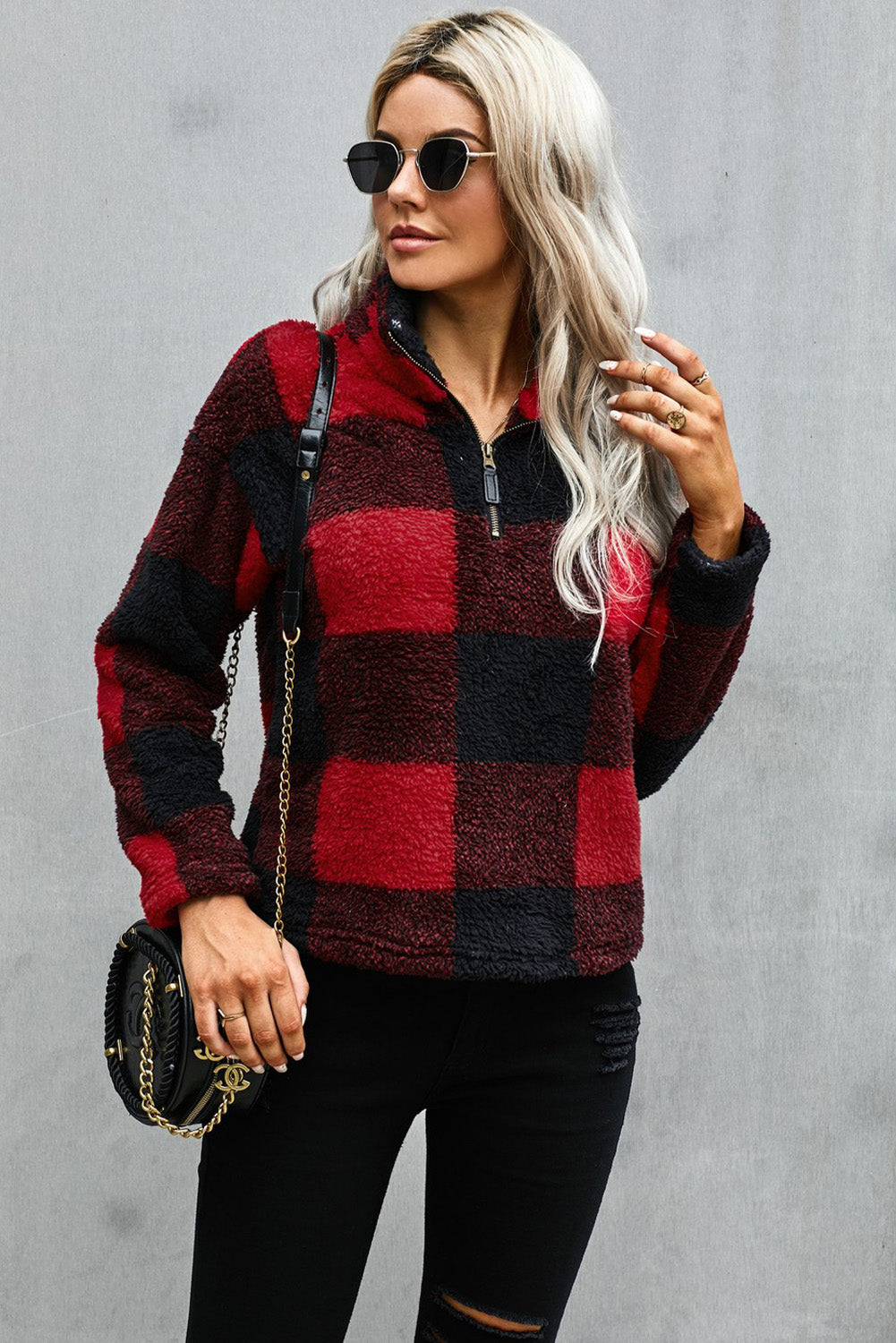 Pullover Sweatshirt for Women Red Plaid Zip Collar Plush Women's Winter