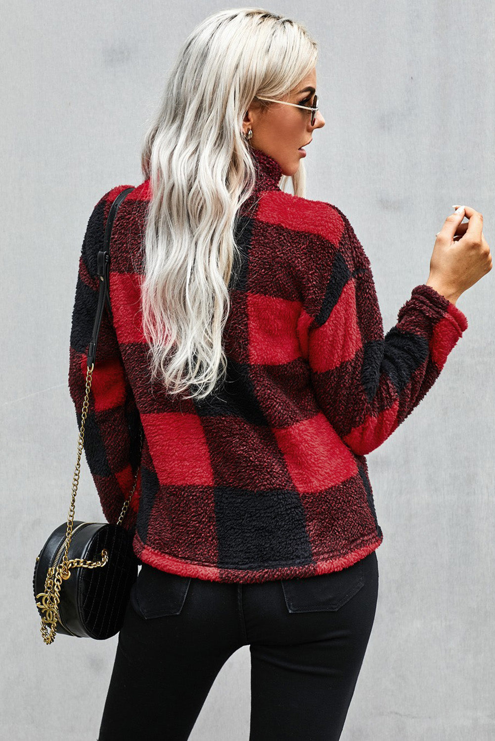 Pullover Sweatshirt for Women Red Plaid Zip Collar Plush Women's Winter