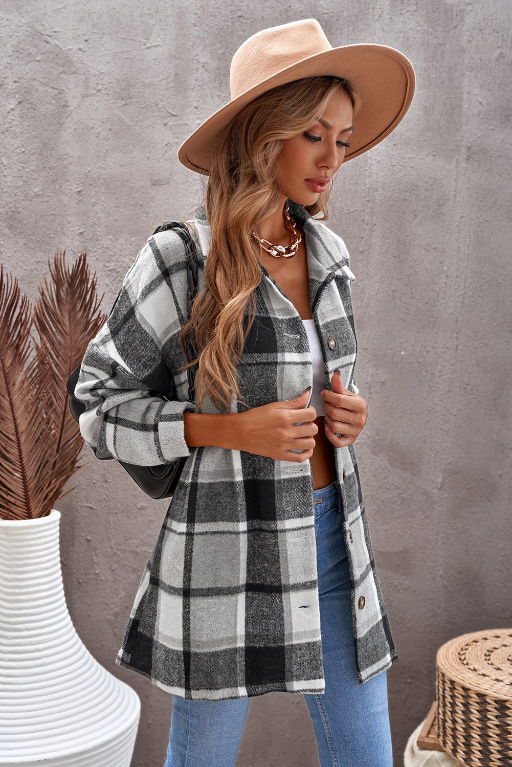 Shirt Jacket for Women Gray Plaid Print