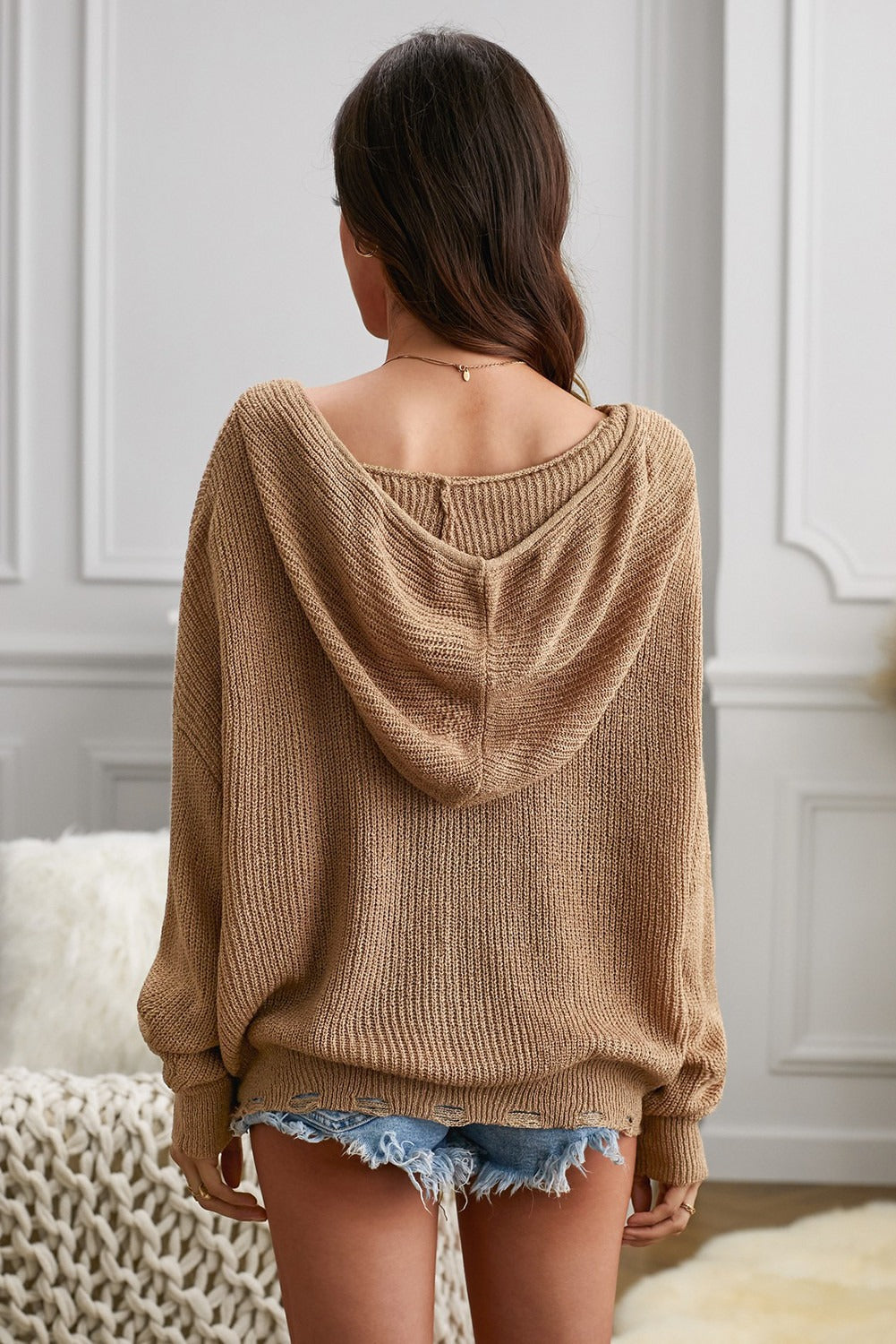 Women's Womens Khaki Zipper V-neck Dropped Sleeve Hooded Sweater