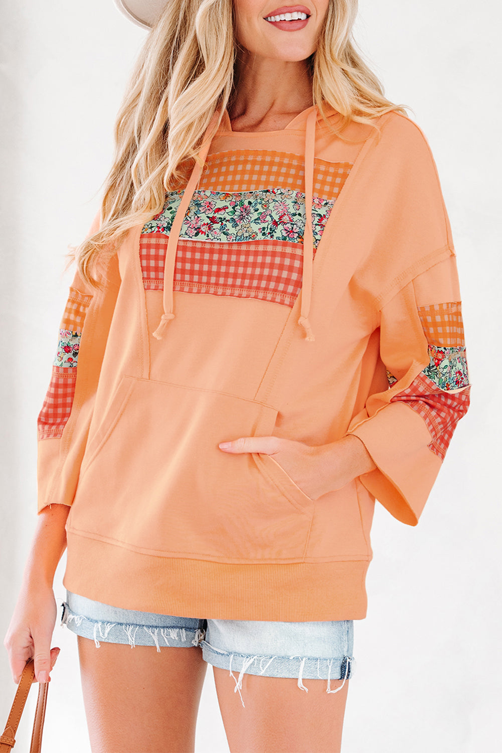 Plaid Floral Patchwork Kangaroo Pocket Hooded Long-Sleeved Top