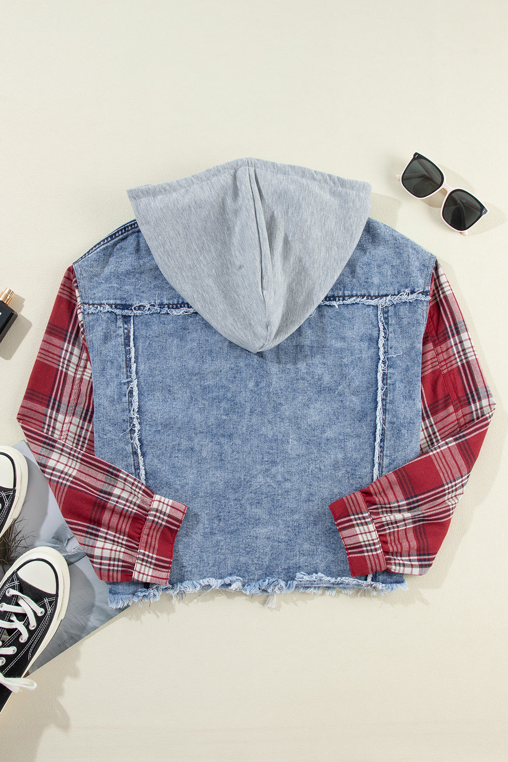 Plaid Hooded Print Patchwork Raw Hem Denim Jacket in Beau Blue