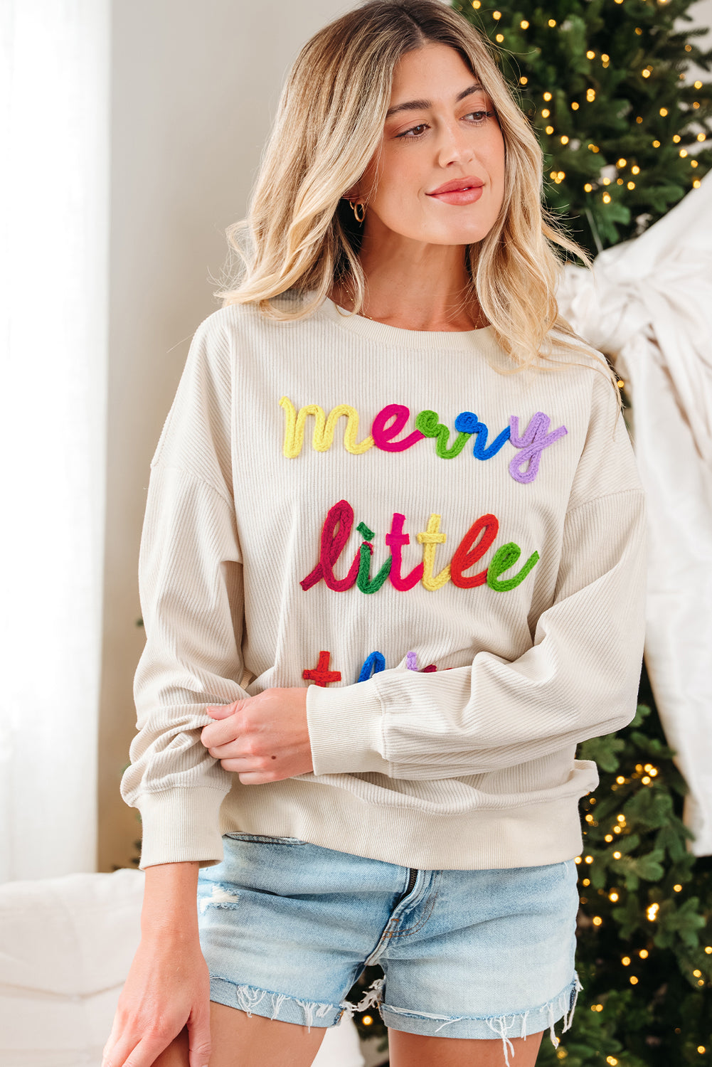 little thing merry thing Corded Letter Graphic Rib-Knit Loose Sweatshirt