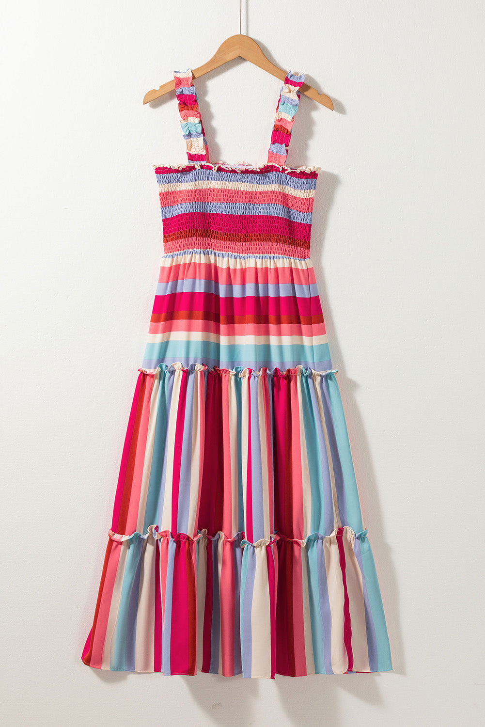 Women's Dress Featuring Ruffle-Trimmed Straps Shirred Layered