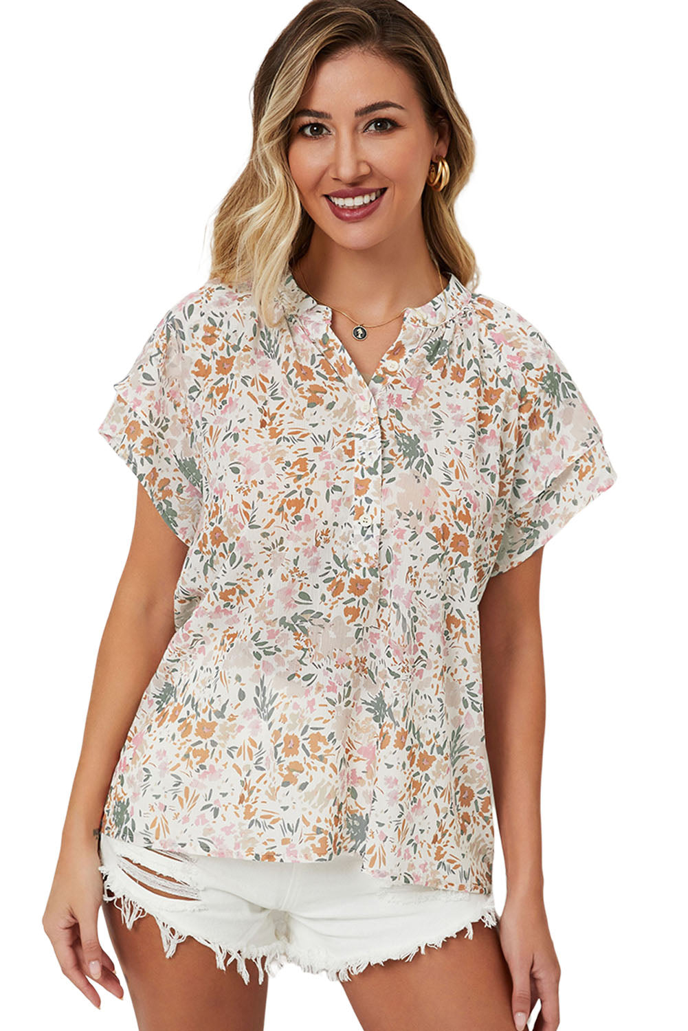 Women's Top with Multicolor Floral-Print Mandarin Collar