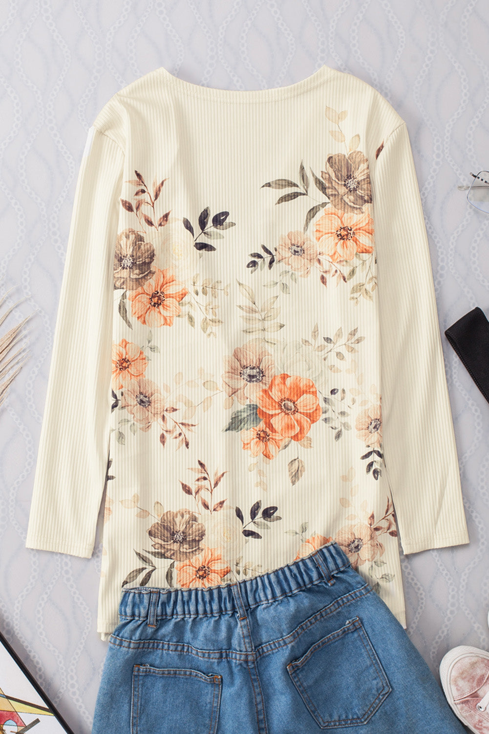 Women's Floral-Print Rib-Knitted Knitted Slim Fit Cardigan