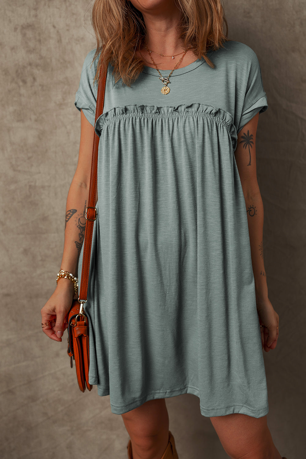 Frilled Gathered Seam T Shirt Dress