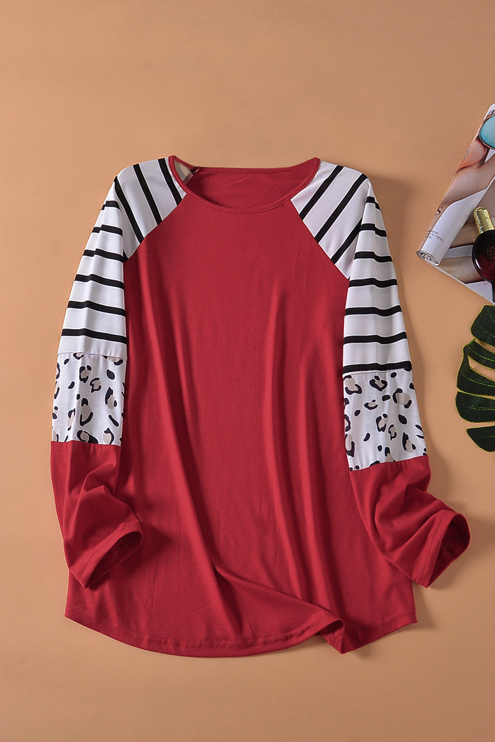 Women's Top with Red Striped Long-Sleeve