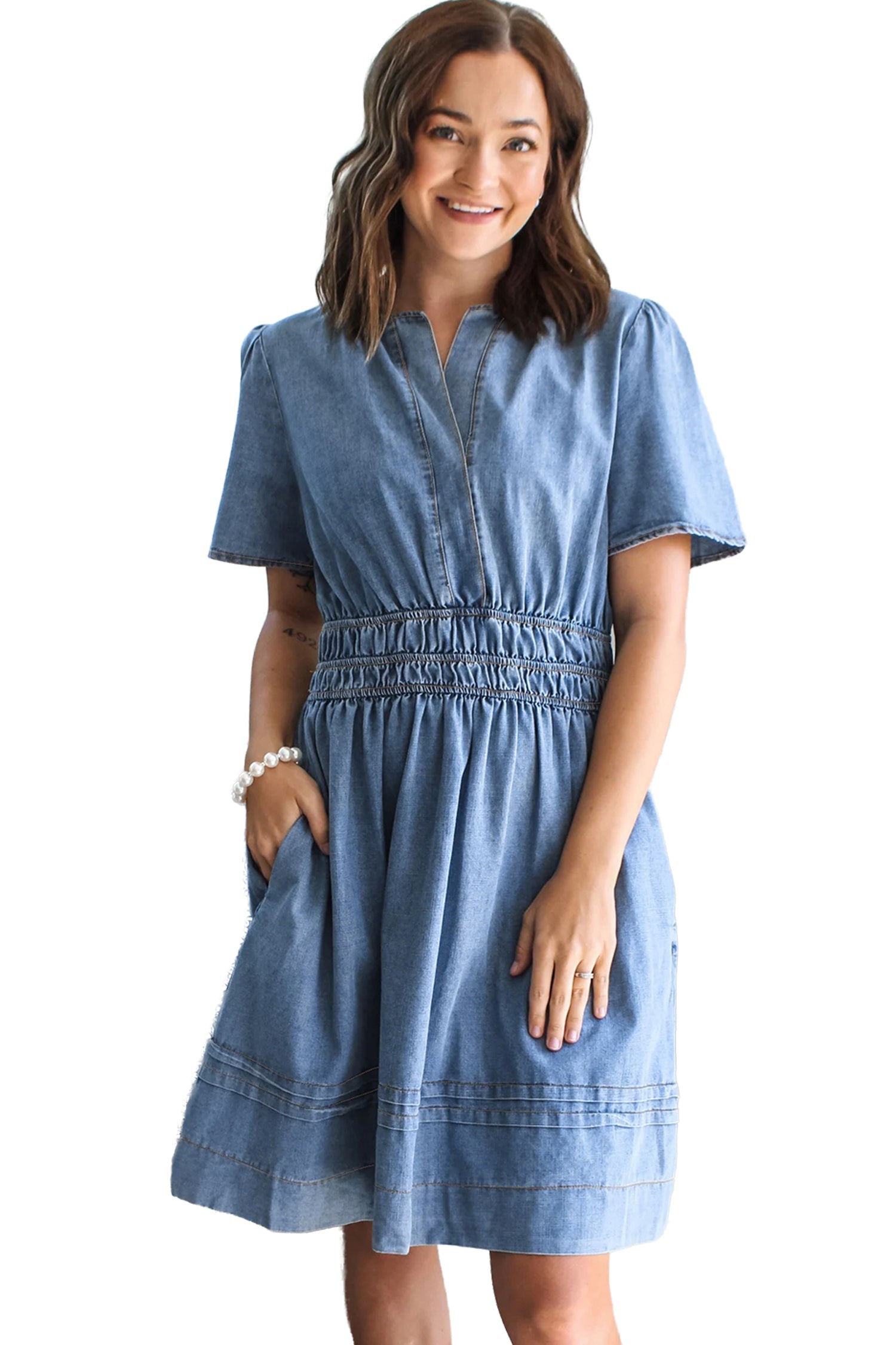 Waist Short-Sleeved Elastic Short-Sleeved Denim Mini Dress in Blue