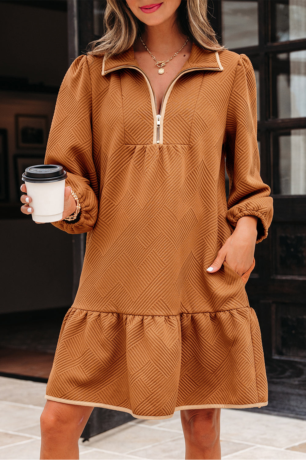 Quarter Bracelet Zip Collar Sleeve Textured Mini Dress