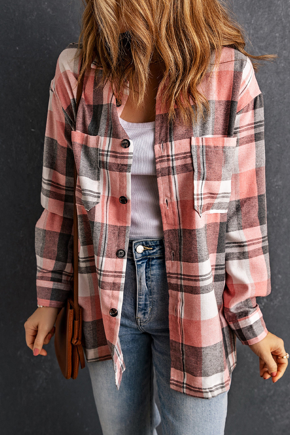 Women's Shacket with Pocket Shirt Plaid Button Up Patch