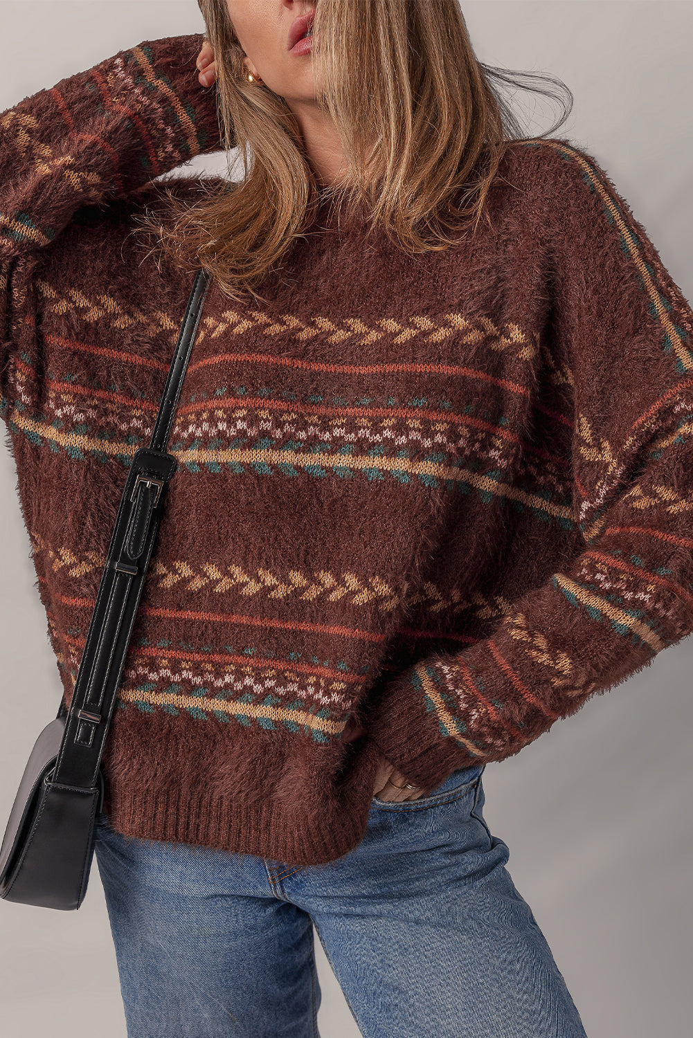 Ethnic Knit Pattern Mohair Drop-Shoulder Knit Top