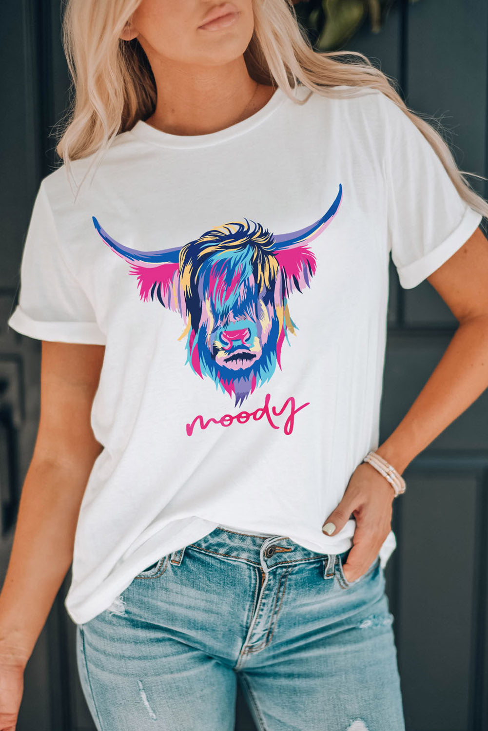 Women's T-shirt Featuring Highland Heifer Moody Graphic-Print