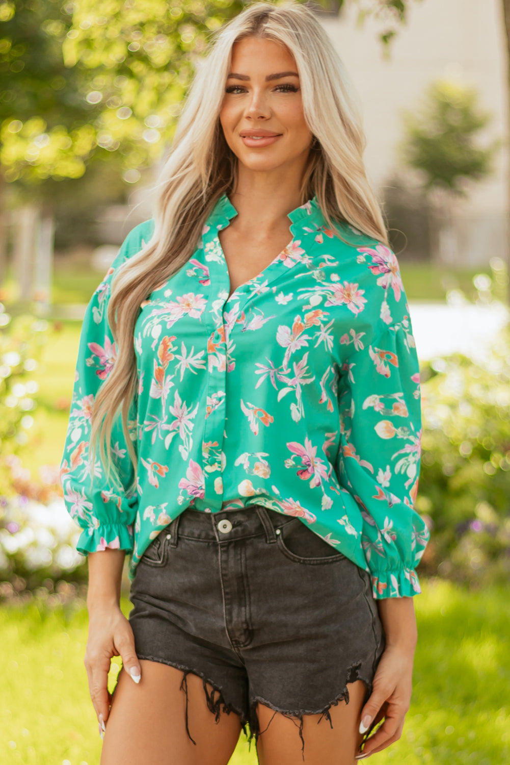 Floral Button Lantern Sleeve Front Shirt
