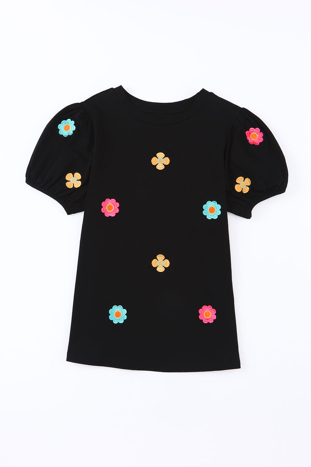 Women's Embroidered Flower Balloon Sleeve Tee