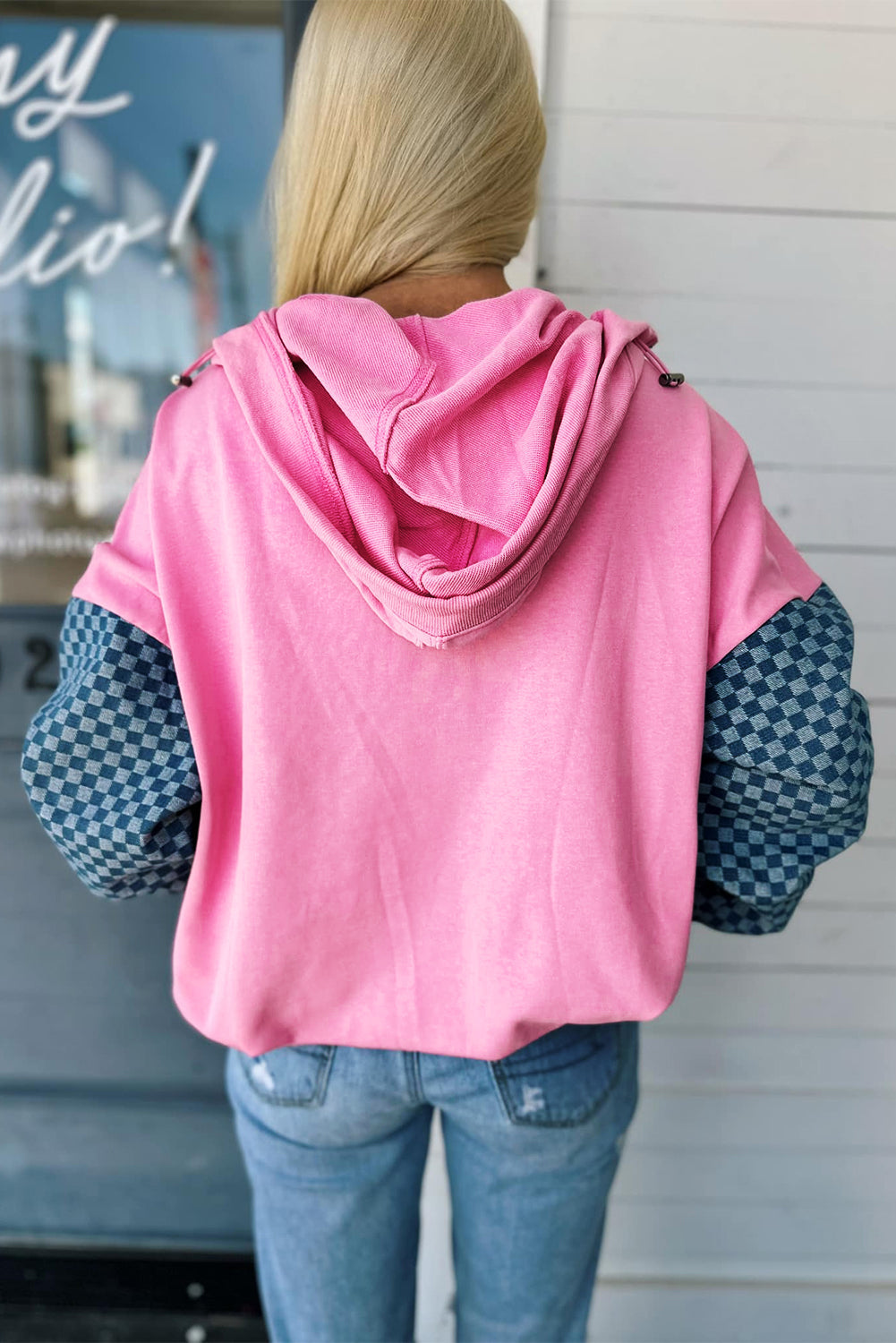 Patchwork Kangaroo Checkered Kangaroo Pocket Half Zip Hoodie