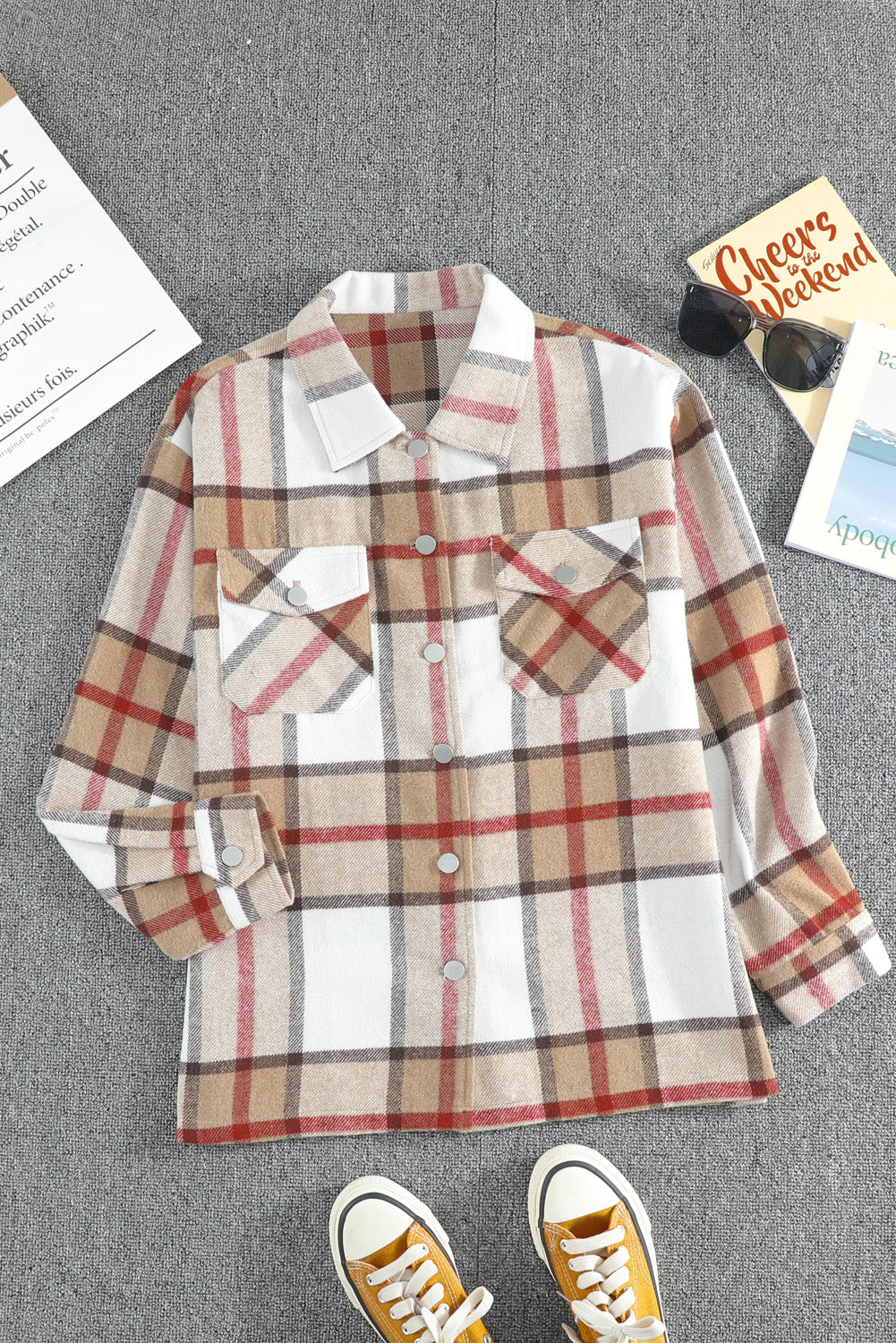 Women's Coat with Button-Front Shirt Plaid Print