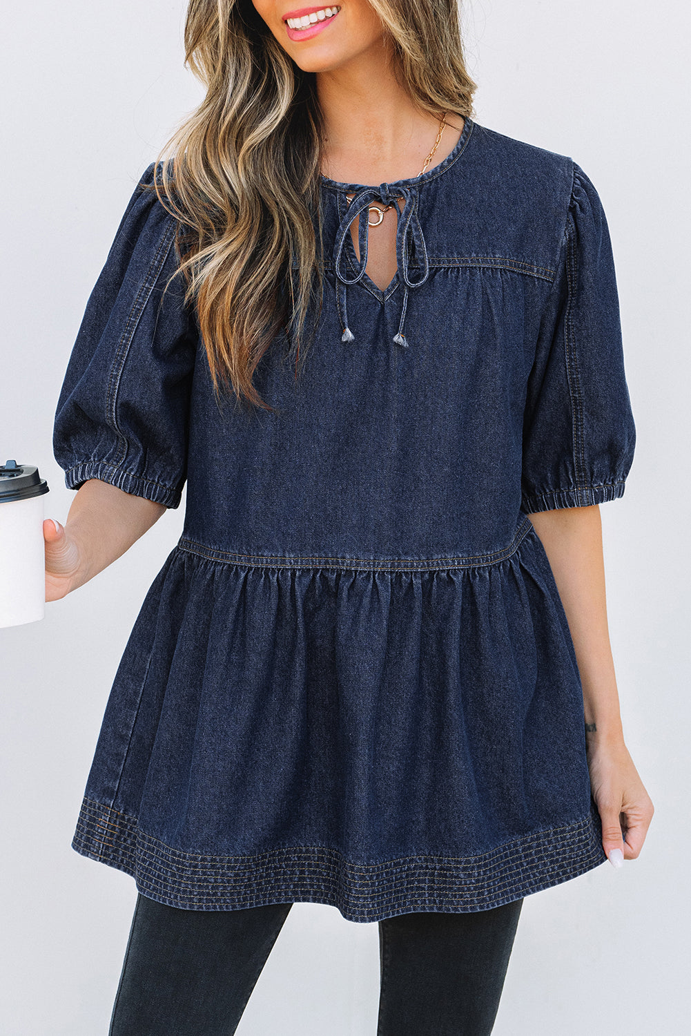 Lace-up Neckline Splicing Denim Blouse