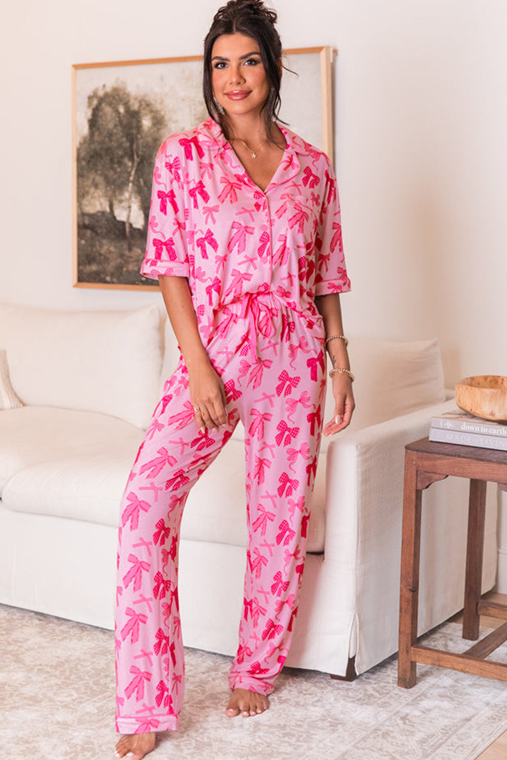 Bow Lapel Knot Print Collar Short-Sleeved and Pants Pajamas Set