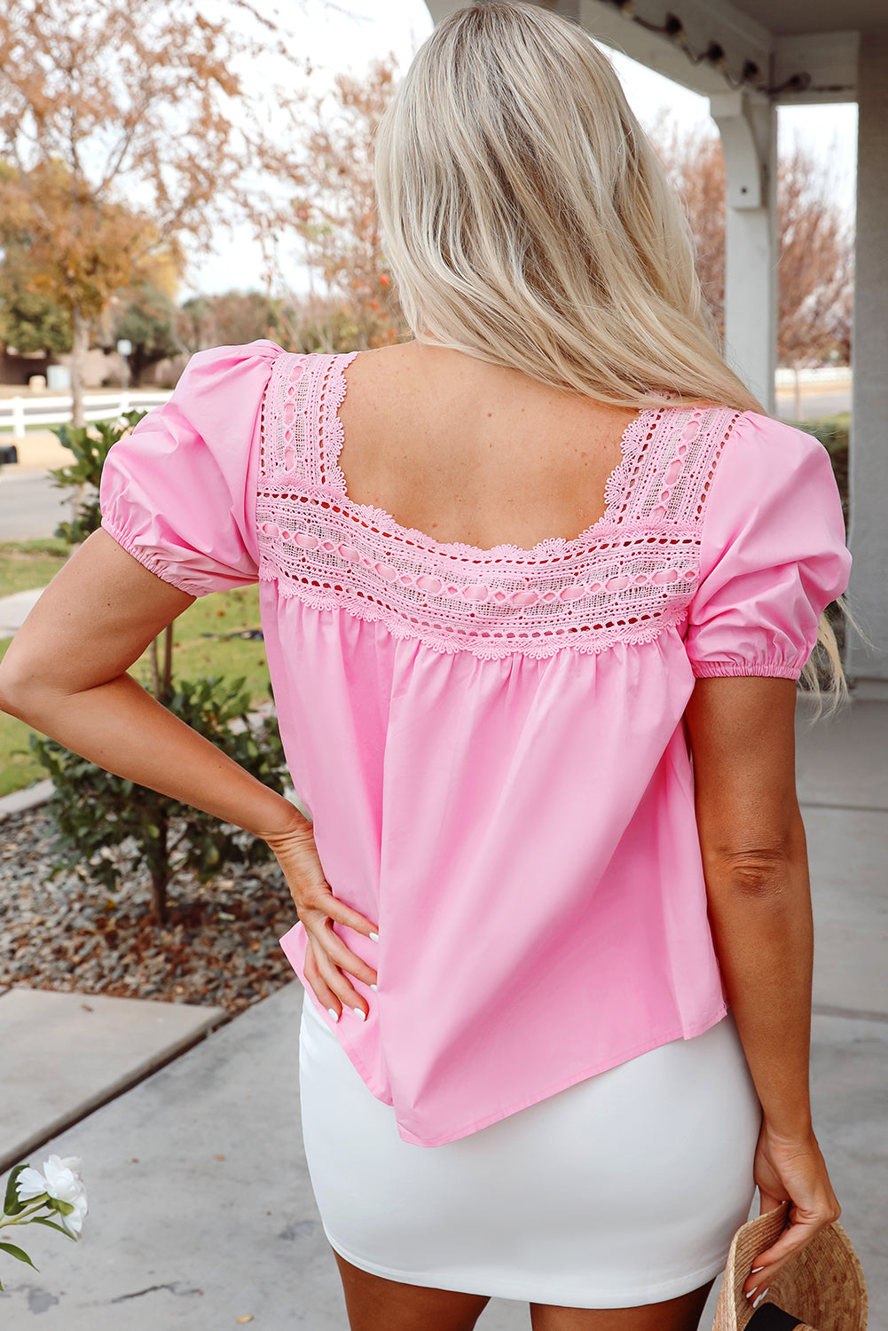 Light Pink Lace Square Neck Patchwork Blouse