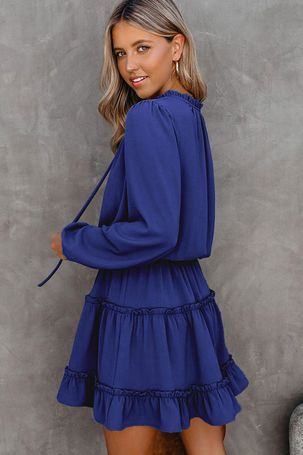 Long-Sleeved Ruffle V-Neck Ruffle Tiered Mini Dress