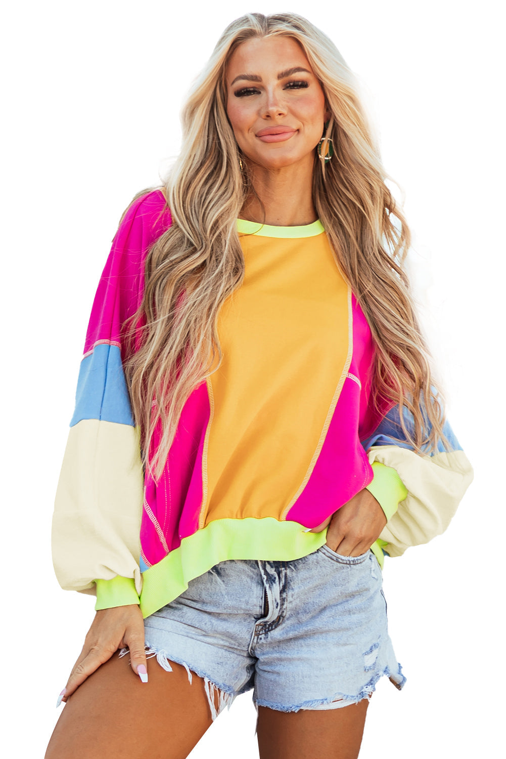 Colorblock Patchwork Exposed Stitching Oversize Top