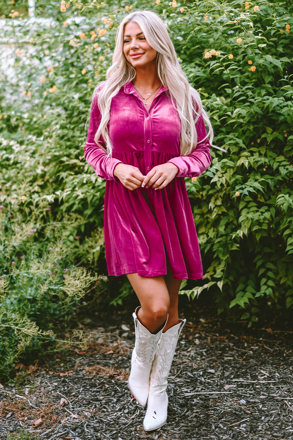 Women's Button Up Ruffle-Trimmed Velvet Dress