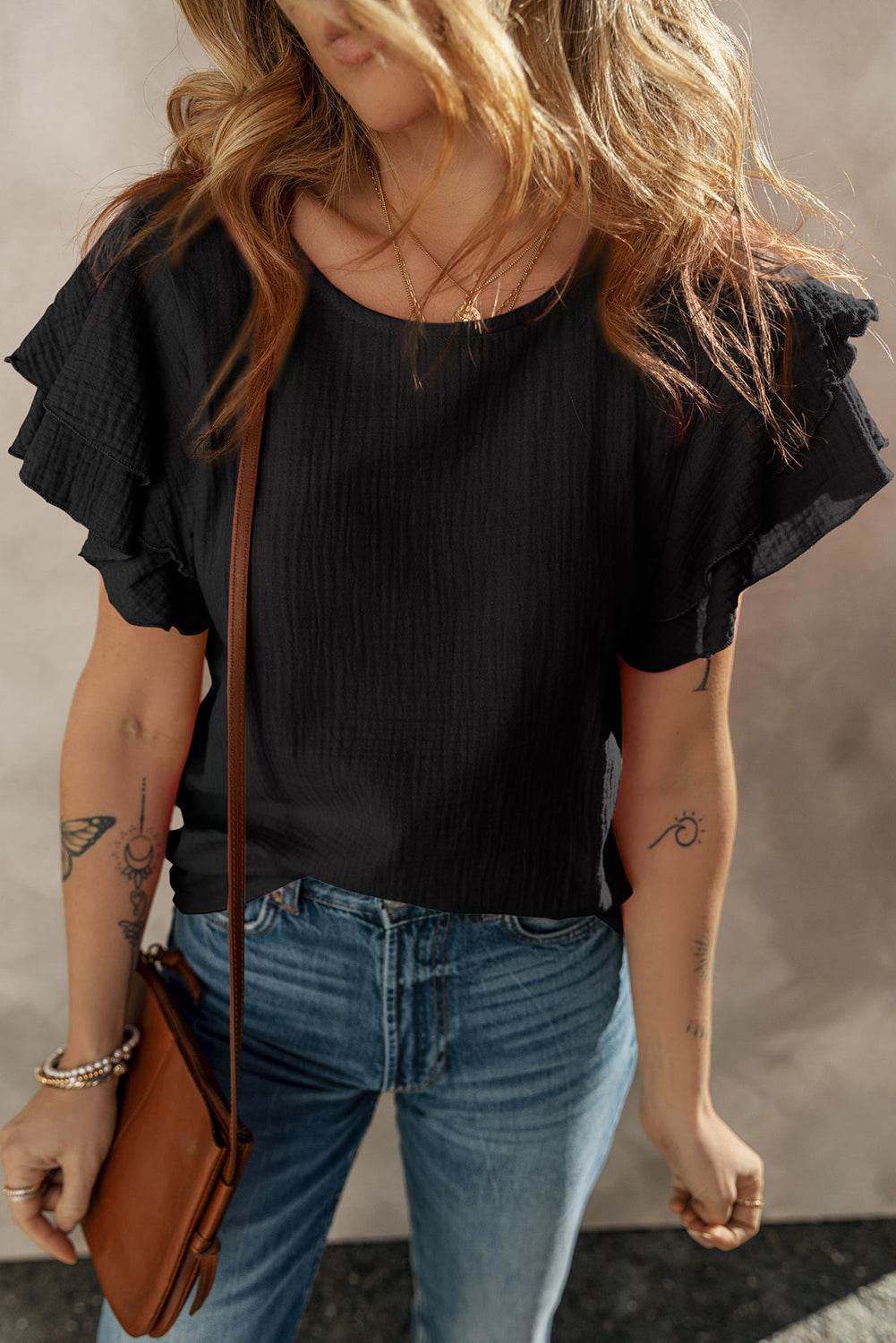 Crinkled Cotton Gauze Ruffle Sleeve Blouse