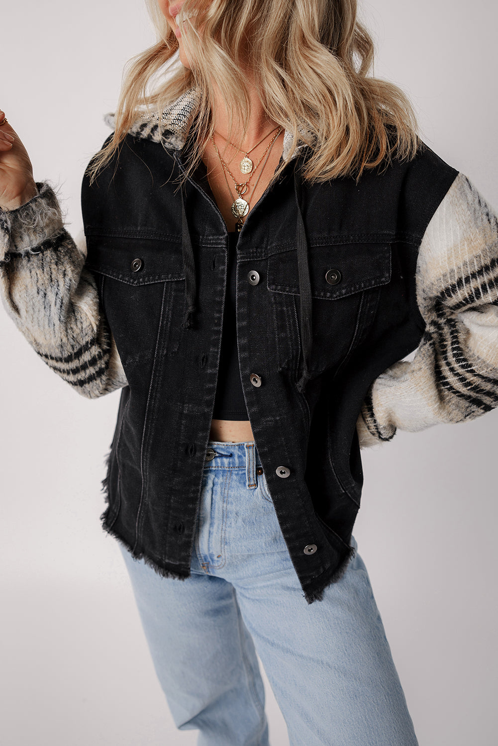 Denim Jacket with Plaid-Patterned Sleeve Frayed Hem Hooded