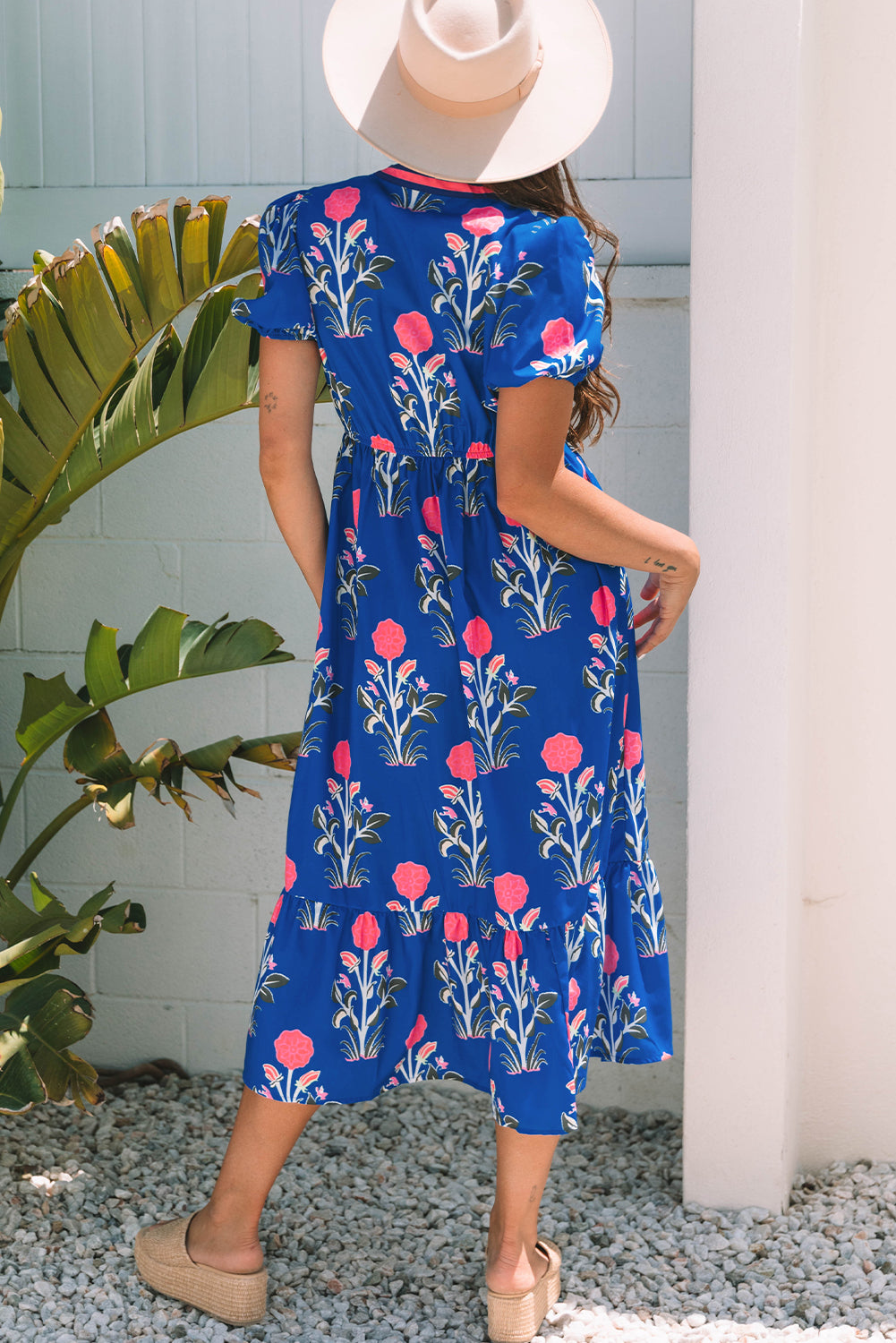 Short-Sleeved Floral Puff Maxi Dress in Blue