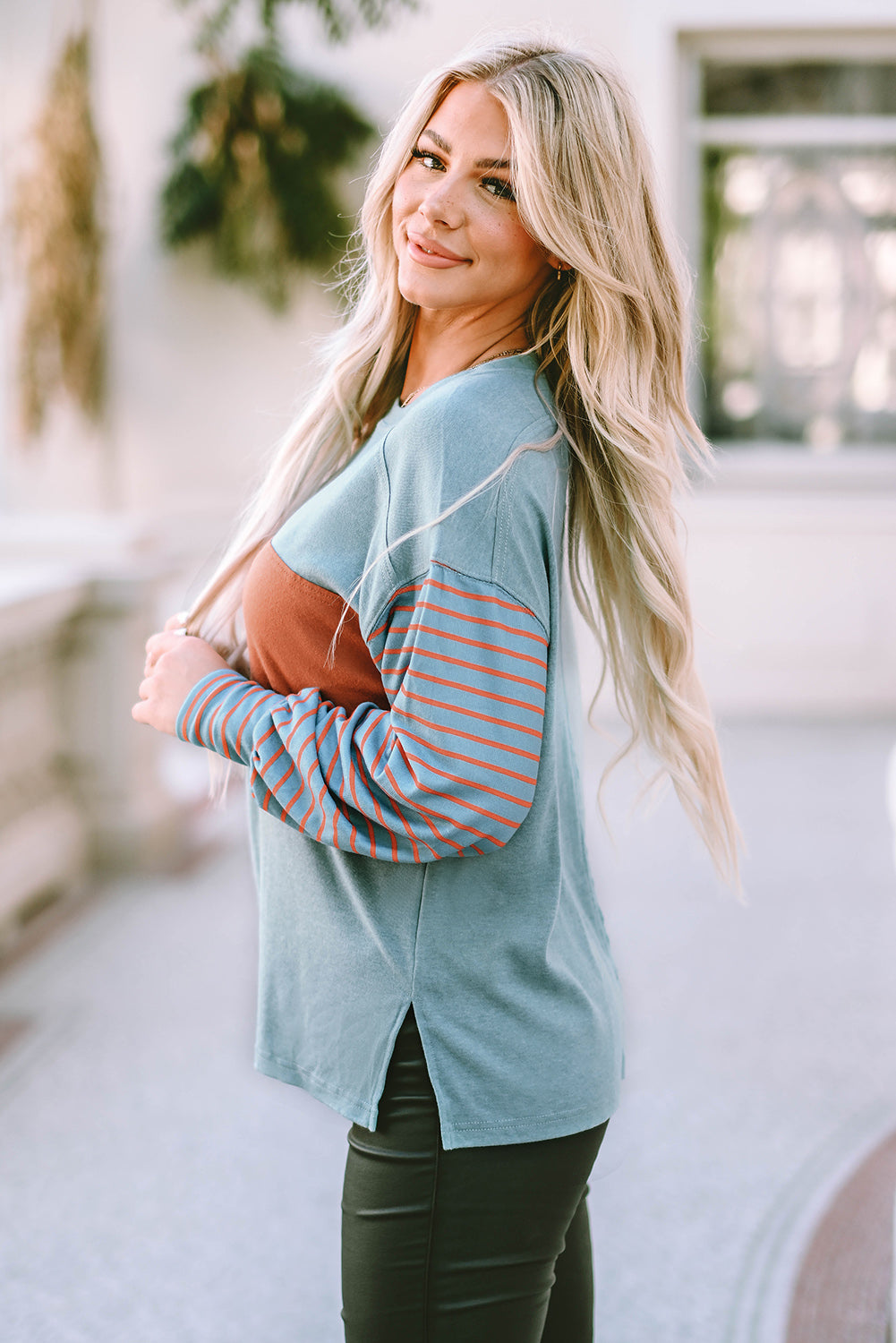 Women's Top with Striped Bishop Sleeve Color-Block