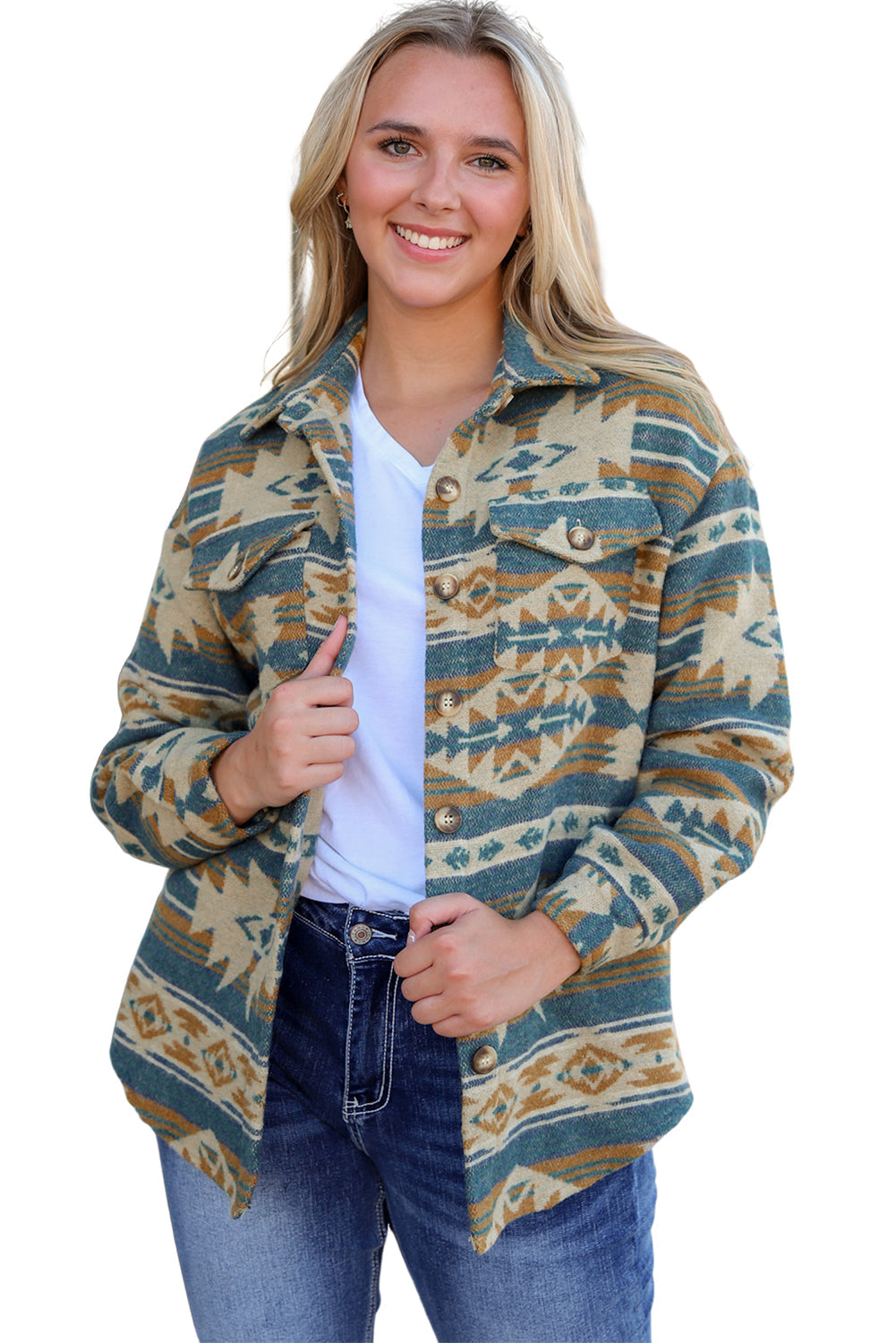 Women's Aztec-Pattern Button Shacket