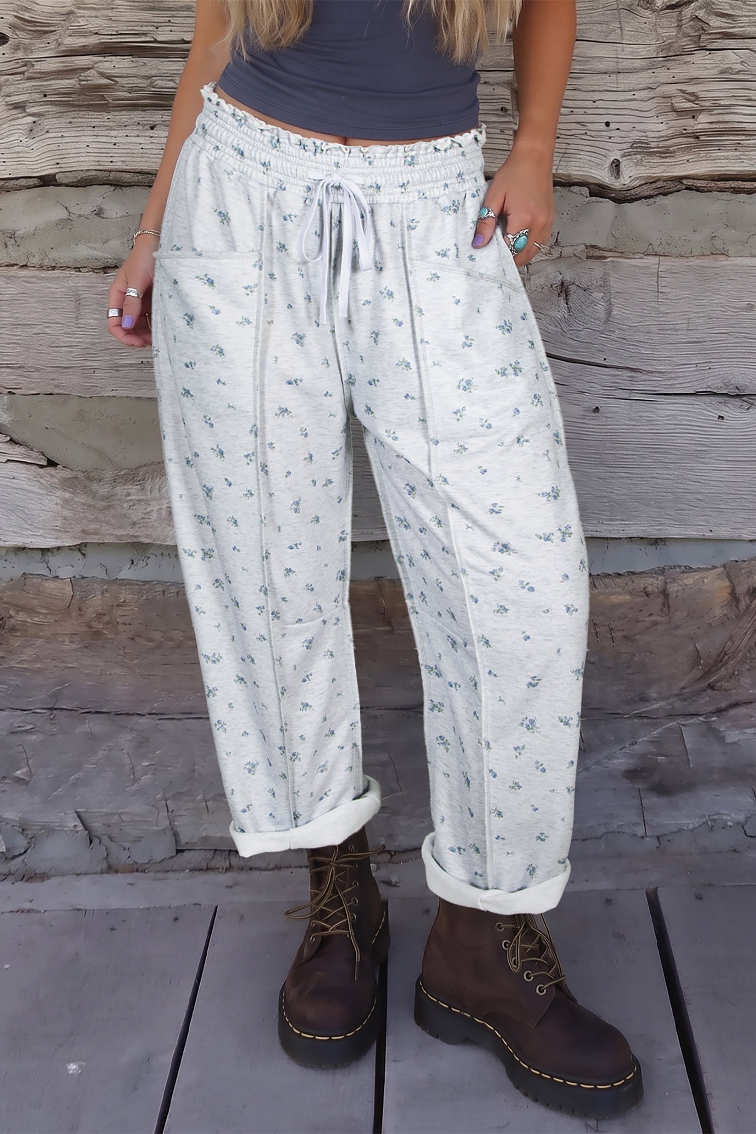 Floral-Print Timeless Elastic Waist Fit Pants in Gray