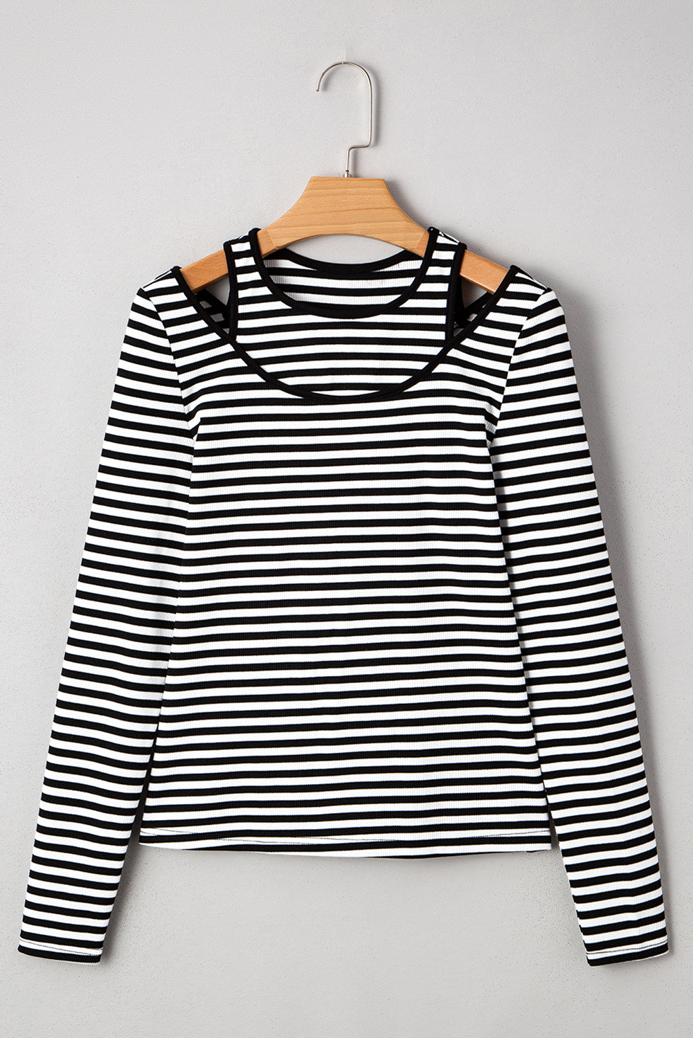 Stripe Double-layer Cold Shoulder Long-Sleeved Top in Black