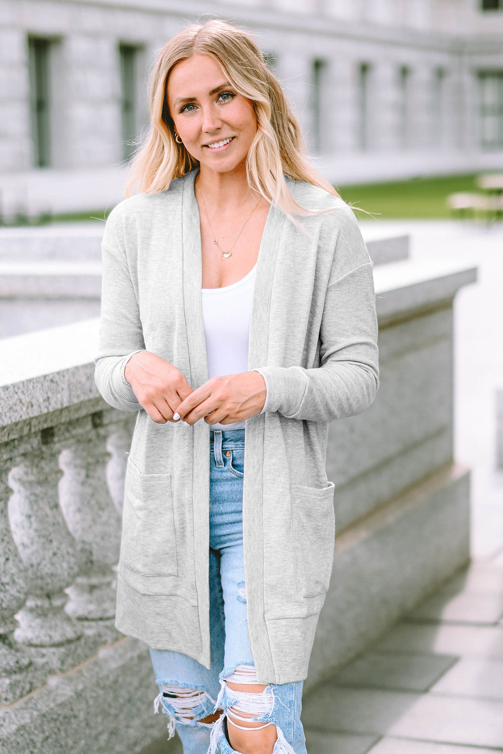 Women's Knit Cardigan with Thermal Waffle