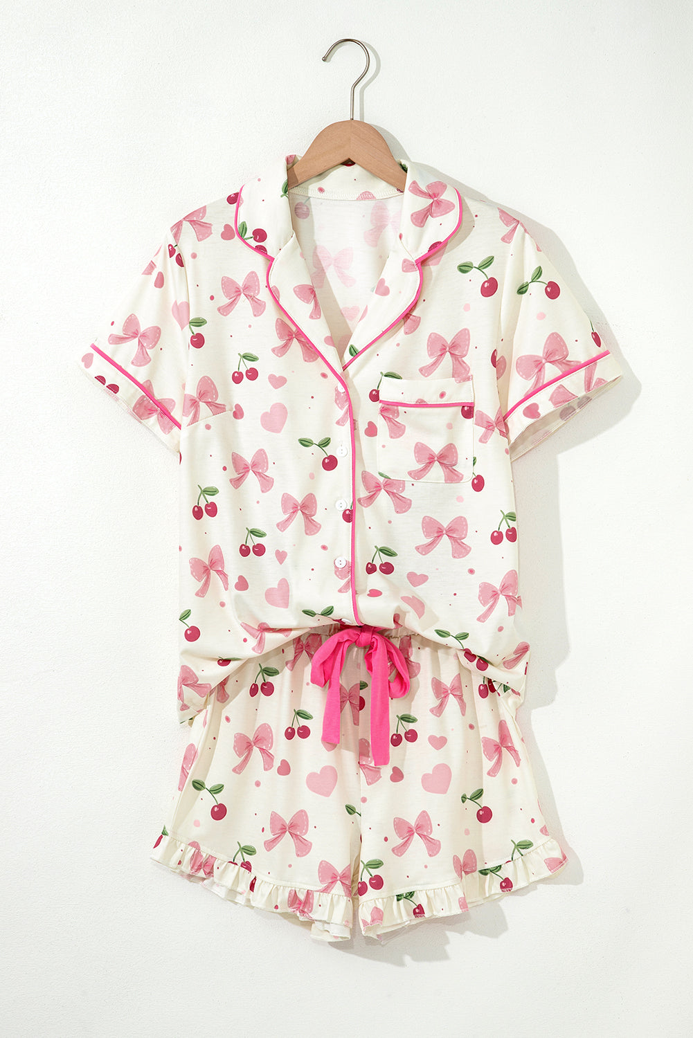 Fruit Print Bow Print Contrast Pipping Short Pajamas Set