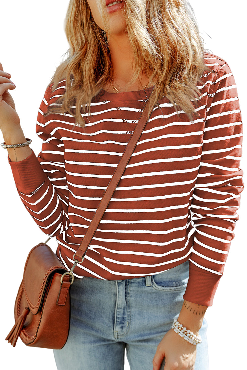 Women's Striped Rib-Knitted Trim Long-Sleeve Top