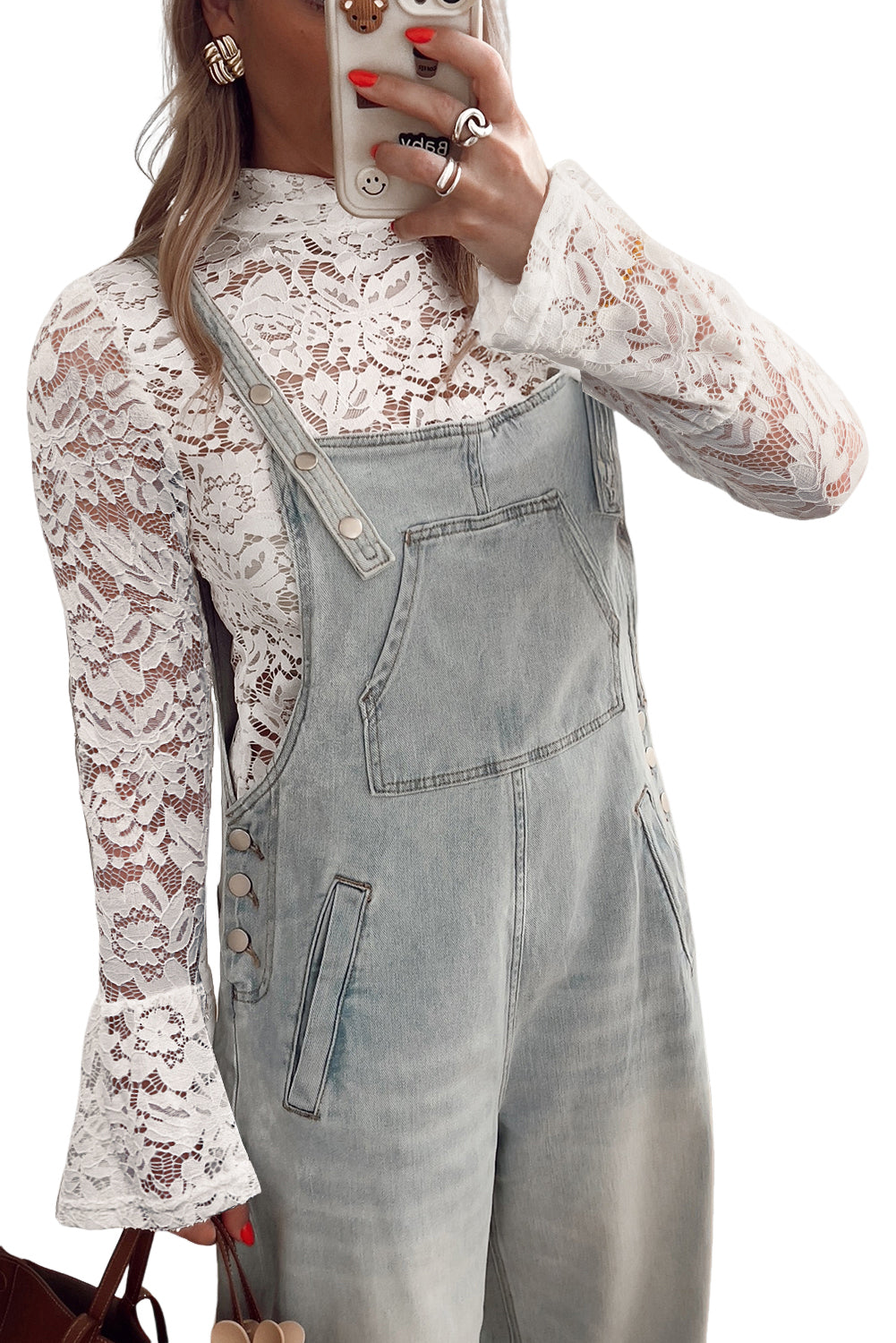 Lace Crochet Bell Sleeve Mock-Neck Blouse