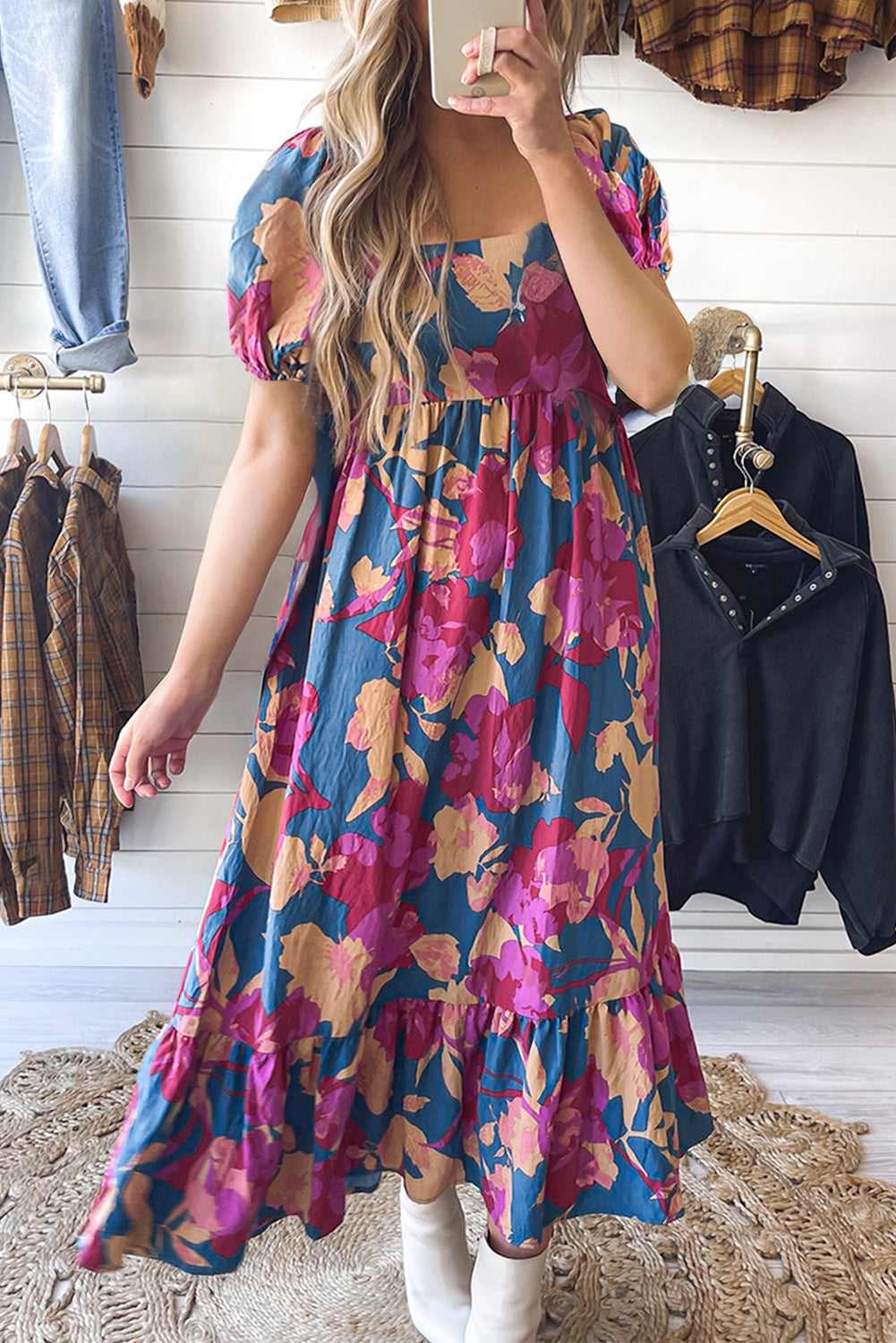 Women's Dresses with Square Neck Bubble Sleeve