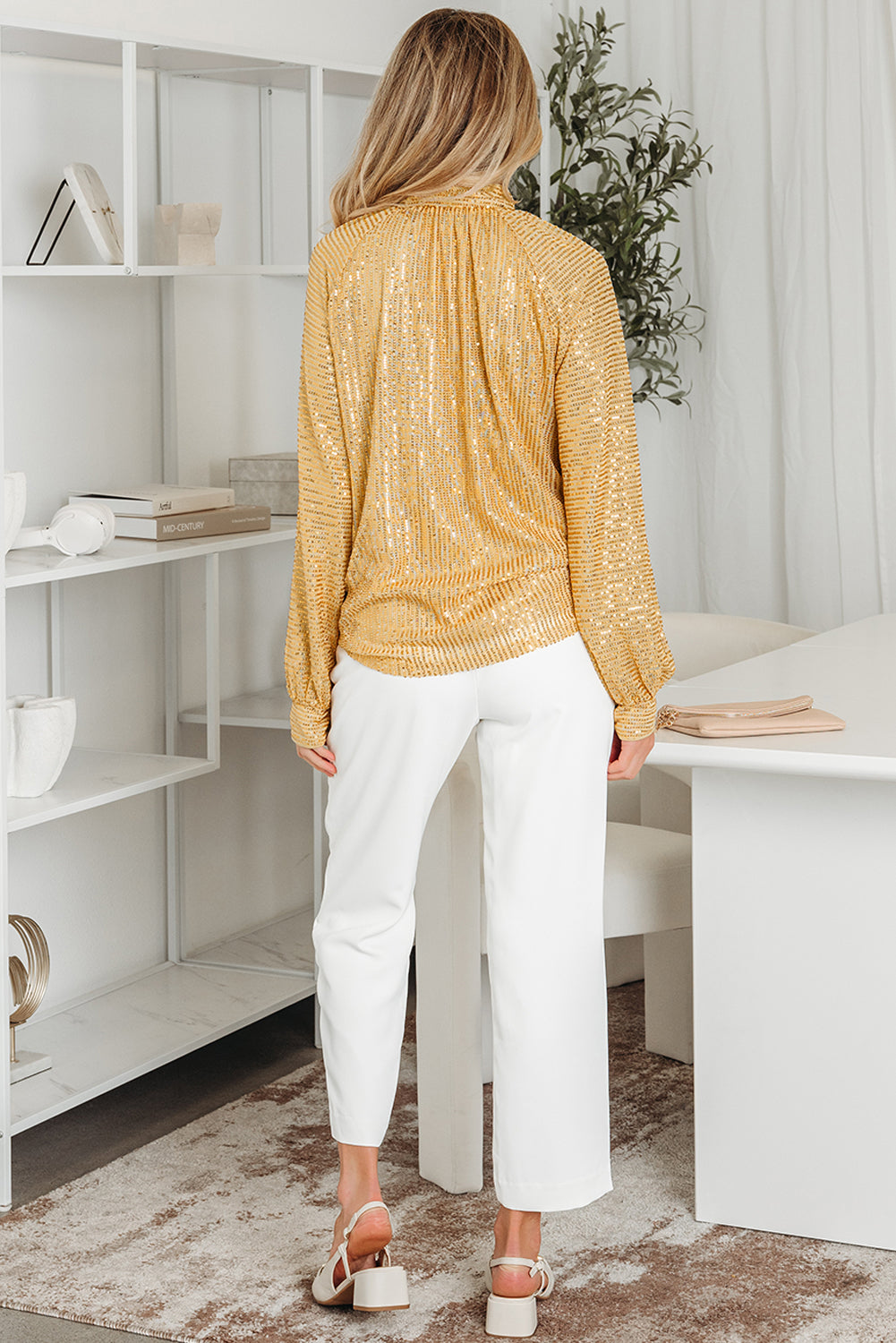 Sleeve Metallic Balloon Button-Front High Neck Loose Blouse