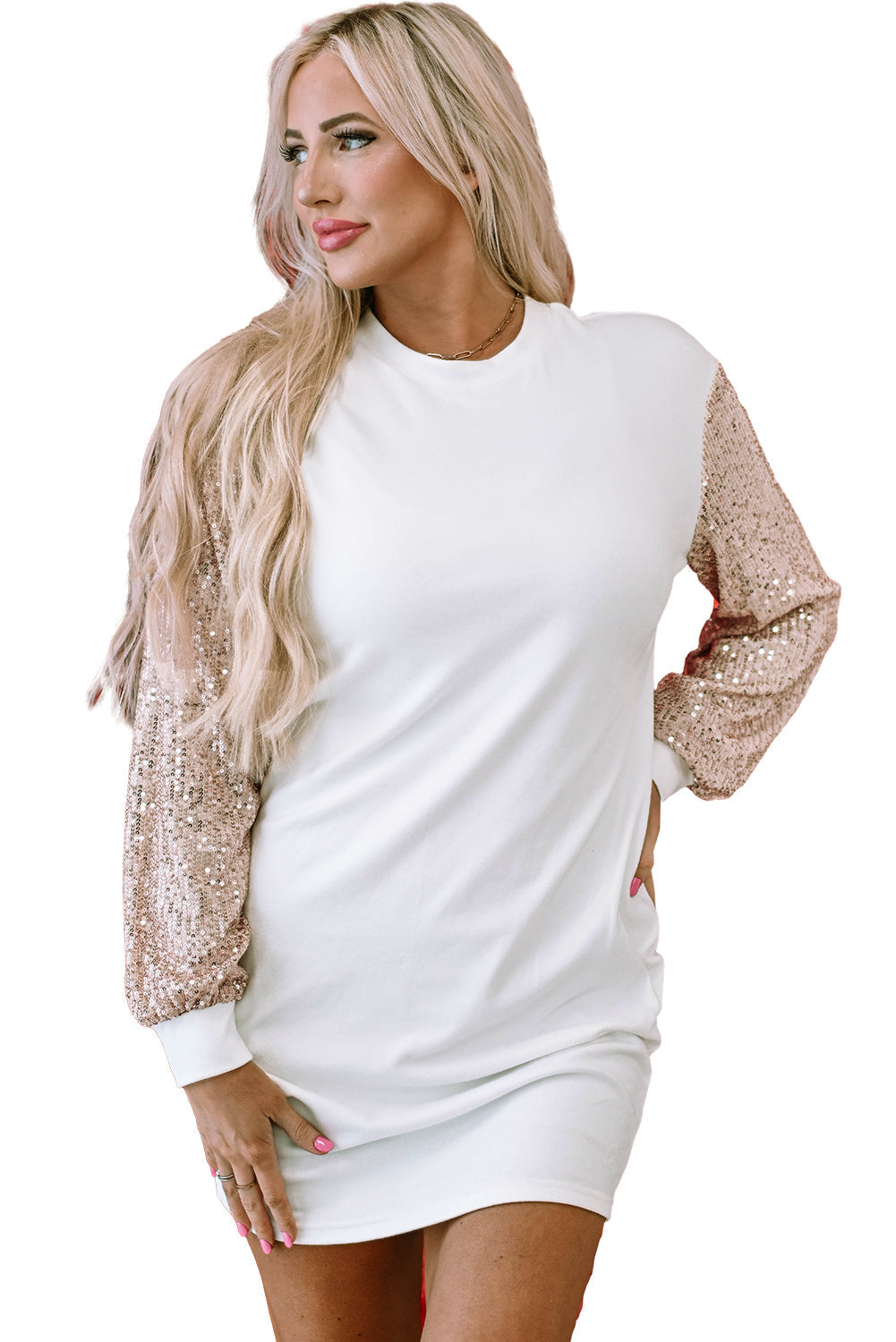 Mini Dress for Women Sequin Balloon Sleeve Shift