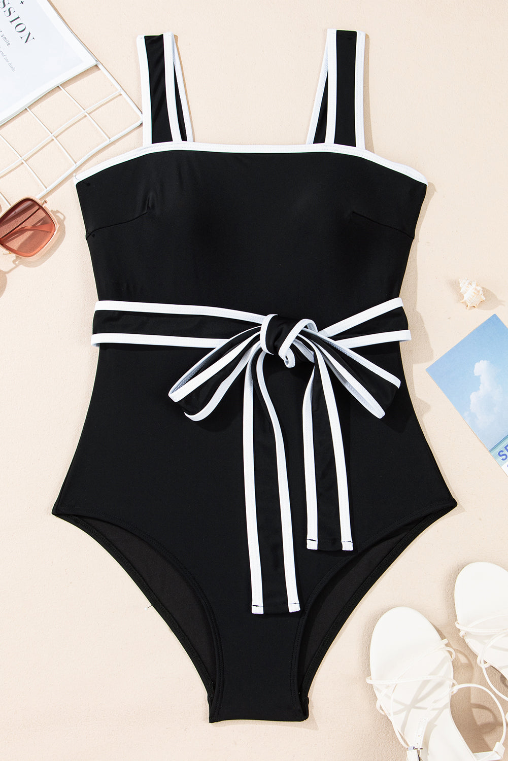 Colorblock Edge Belted One Piece Swimsuit